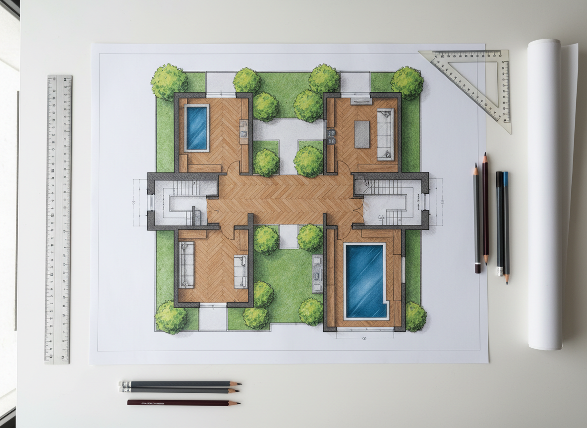 A highly-detailed, humanized residential floor plan displayed on a sterile white drafting table, surrounded by tidy architectural tools such as precision rulers and soft graphite pencils. The plan itself features shaded green spaces for gardens, warm wood tones for floors, and glassy blue representations for windows and pools, all rendered with subtle photorealistic textures. Natural overcast daylight spills evenly across the table, reducing harsh shadows and making every detail visible. Captured from a top-down, bird’s-eye view for maximum clarity and balance, the mood is focused, professional, and inviting. The composition feels balanced and orderly, reinforcing a structured, trustworthy brand image for an architectural project sales site.