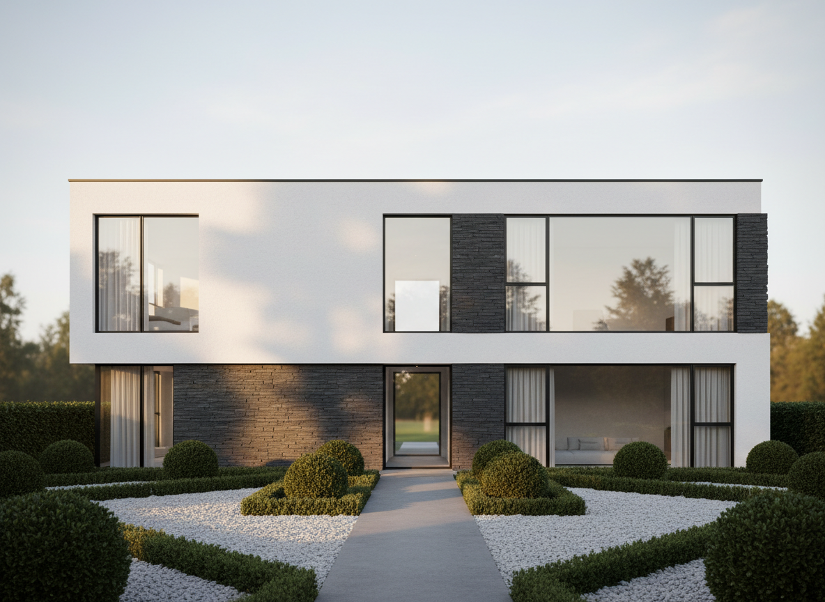 A striking, photorealistic architectural rendering of a modern house façade, featuring clean white stucco walls, dark slate accents, and expansive minimalist windows. The house is set on a geometrically landscaped gravel front yard with carefully clipped shrubs, all positioned against a neutral blurred backdrop for clarity. Warm, low-angle golden hour sunlight grazes the façade and landscape, causing gentle, linear shadows that highlight the clean lines of the architecture. The composition is eye-level and centered, focusing on symmetry and balanced visual weight. The mood is aspirational, professional, and serene, perfectly encapsulating premium ready-made house projects with a photographic, corporate style.