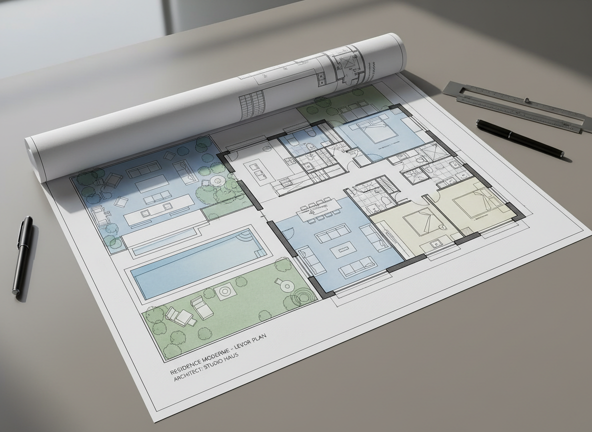 A meticulously designed modern residential architectural plan laid out as a high-resolution PDF print on a sleek, neutral grey surface. The plan features clean, bold lines denoting walls, spacious living areas, and distinctive outdoor spaces, with subtle color-coded zone highlights and crisp architectural symbols. Soft diffused natural daylight cascades from a window off-camera, casting gentle, organized shadows around the plan, accentuating its clarity and professionalism. The image is framed in a slightly elevated, three-quarter perspective, offering a comprehensive yet accessible view. The overall mood is organized, calm, and supremely professional, emphasizing clarity. The style is photographic realism with a clean, corporate aesthetic, suitable as a hero image for an architectural project store.