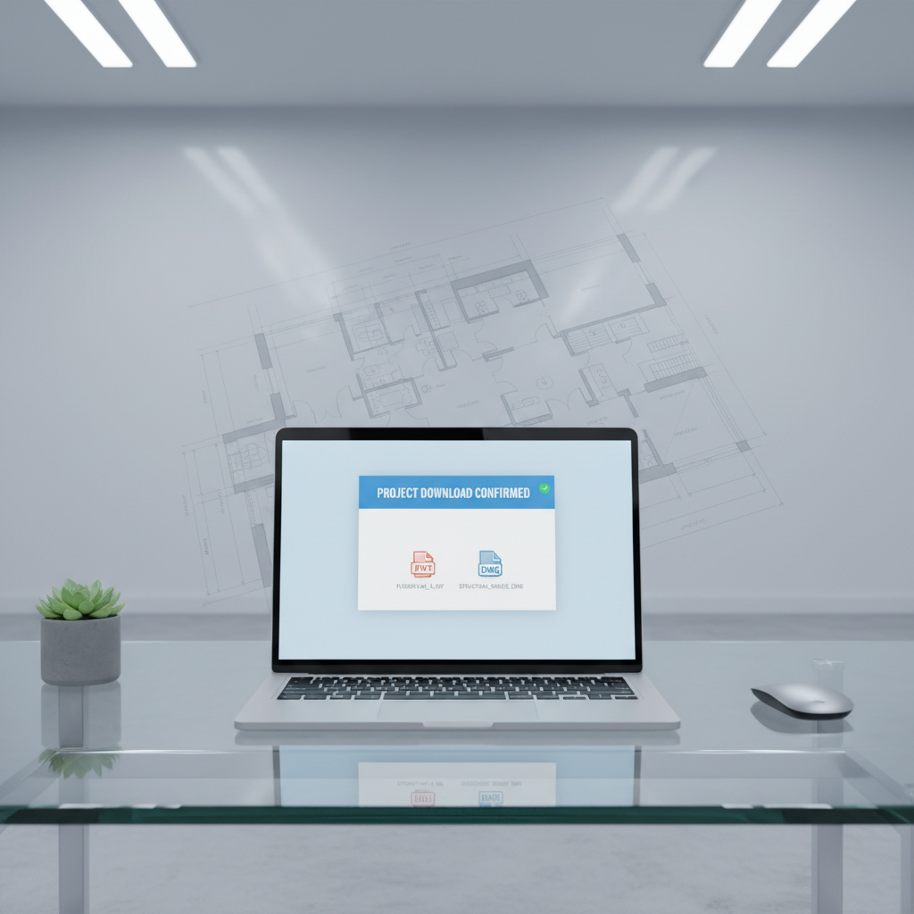 A tidy, digitally rendered workspace evoking modern architectural efficiency: a slim laptop screen displaying a project download confirmation alongside PDF and DWG file icons, situated on a reflective glass desk. The desktop background subtly shows a watermark of a floor plan blueprint, while the workspace remains uncluttered. Cool, even LED office lighting creates soft reflections and keeps the image well-lit without glare. Framed from a front-facing, slightly elevated angle, the scene emphasizes technological convenience and seamless digital project delivery. The aesthetic is unmistakably minimalist and clean, communicating trust and streamlined professionalism for an architecture e-commerce site.