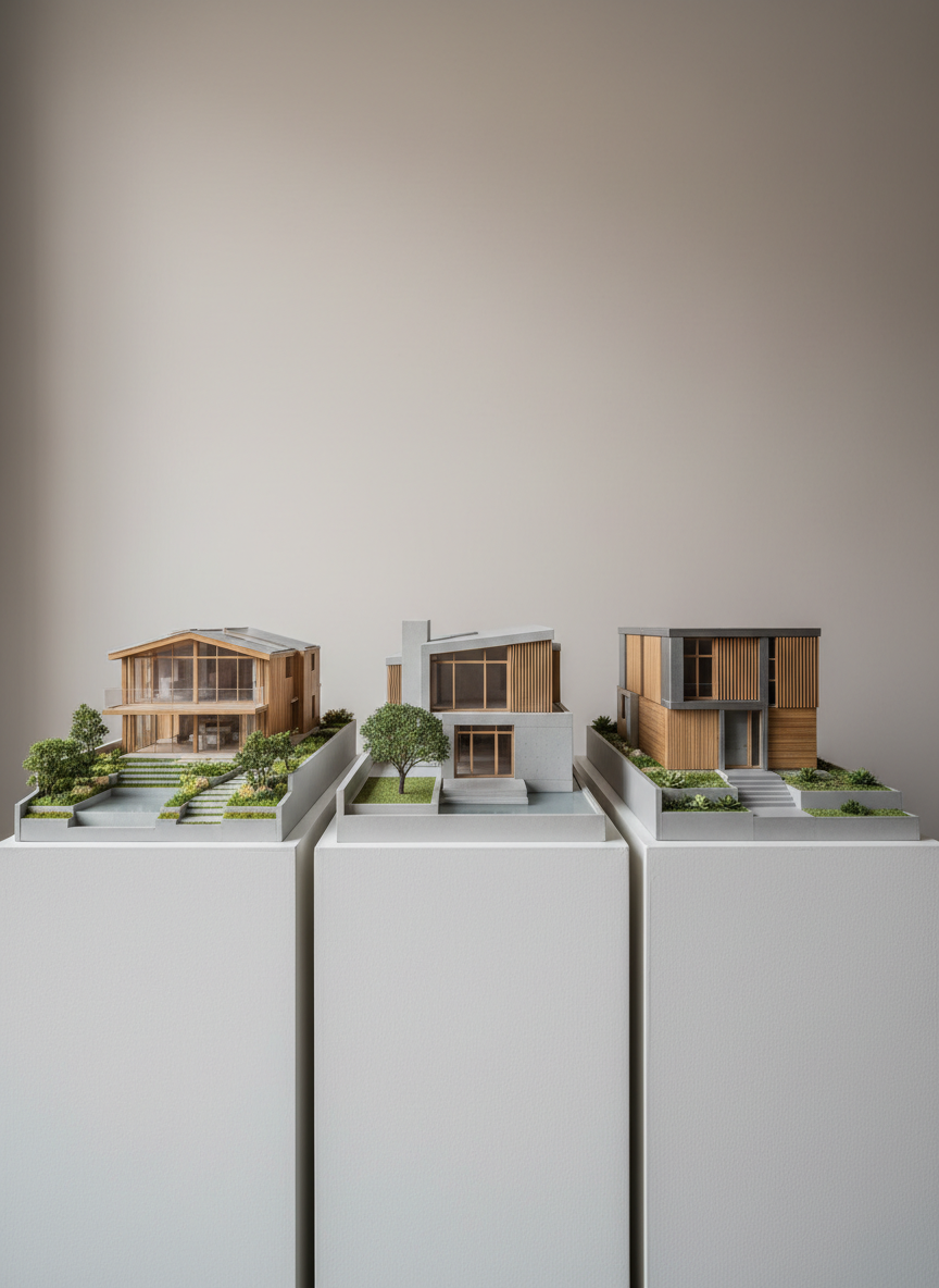 An organized showcase of three different residential architectural models, each rendered realistically and positioned upright on a white matte presentation plinth. Each model represents a distinct lot size, featuring unique façades, garden layouts, and modern materials like smooth concrete, glass, and warm timber. Behind them, a gradient neutral backdrop softly blurs into the distance, creating subtle separation and focus. Soft, diffused studio lighting ensures every model is evenly illuminated, accentuating textures and details. Shot with a sharp focus from a slightly elevated, symmetrical composition, the mood is methodical, refined, and confidently professional, aligning with a structured architectural project catalog experience.