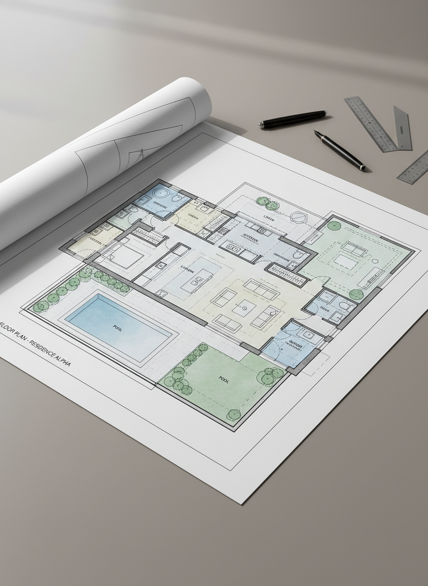A meticulously designed modern residential architectural plan laid out as a high-resolution PDF print on a sleek, neutral grey surface. The plan features clean, bold lines denoting walls, spacious living areas, and distinctive outdoor spaces, with subtle color-coded zone highlights and crisp architectural symbols. Soft diffused natural daylight cascades from a window off-camera, casting gentle, organized shadows around the plan, accentuating its clarity and professionalism. The image is framed in a slightly elevated, three-quarter perspective, offering a comprehensive yet accessible view. The overall mood is organized, calm, and supremely professional, emphasizing clarity. The style is photographic realism with a clean, corporate aesthetic, suitable as a hero image for an architectural project store.
